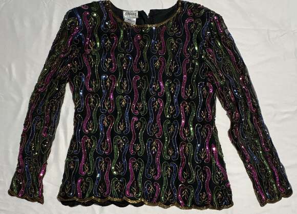 Sténay Tops - Sténay Vintage Silk Sequin Beaded Long Sleeve Party Top Size L